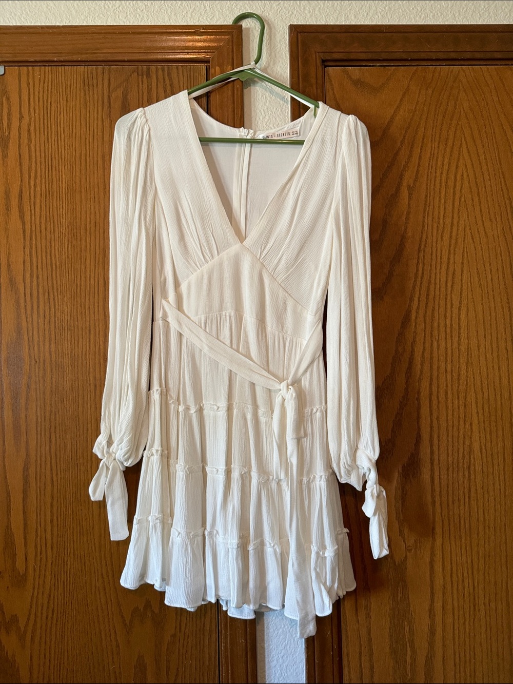 Soft Cream V-Neck Tiered Mini Dress with Tie Waist